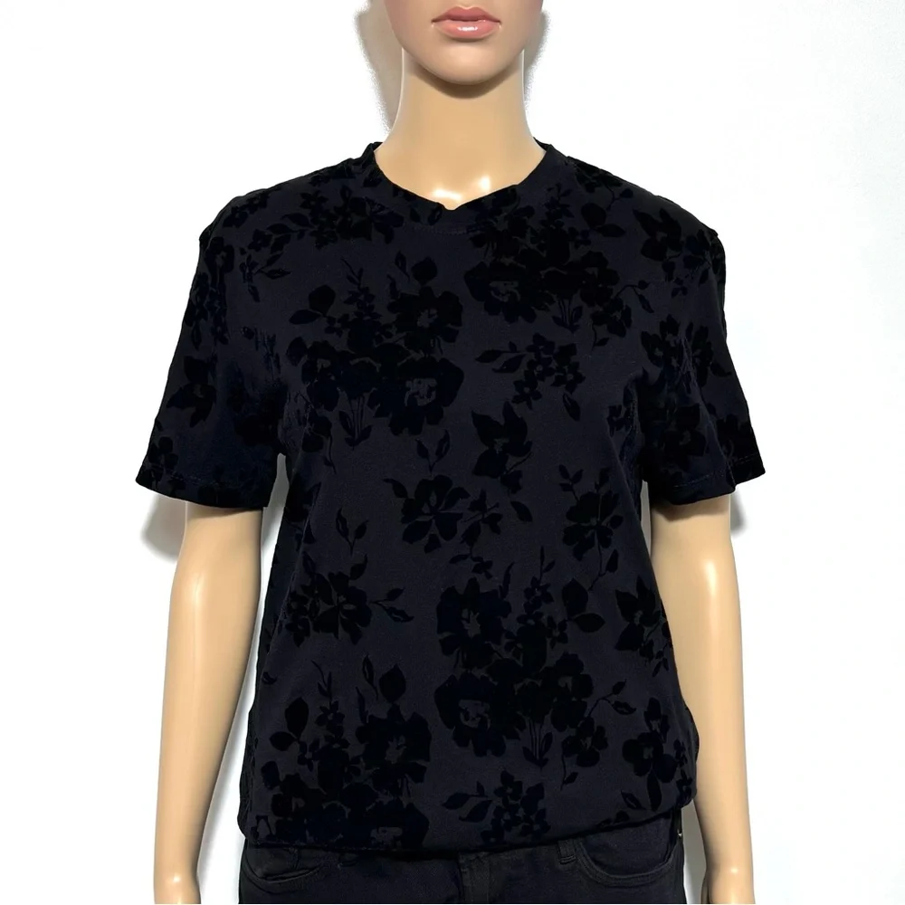 TWIK Black Velvet Short Sleeve Tee Floral Pattern Flocked Burn-out Style Size S - Picture 4 of 9